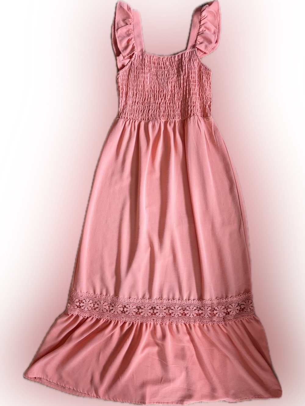 โLily Roseโ Salmon-Colored Smocked Maxi Dress with Ruffle Straps